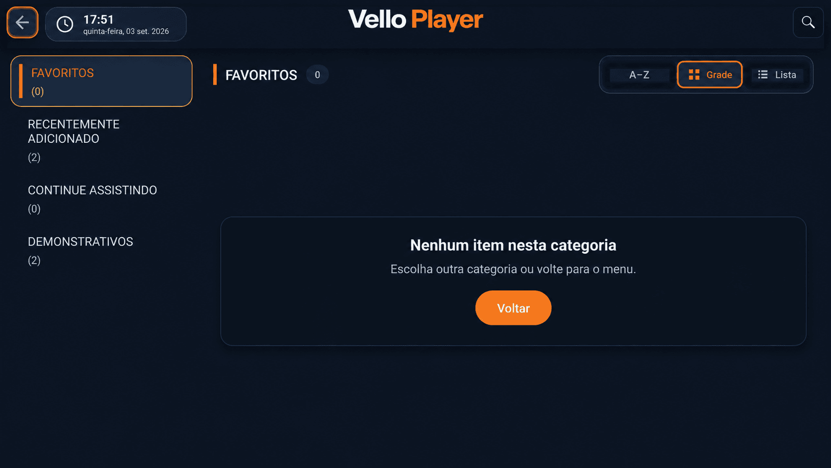 Tela de filmes do Vello Player com categorias, busca e favoritos ainda vazios.